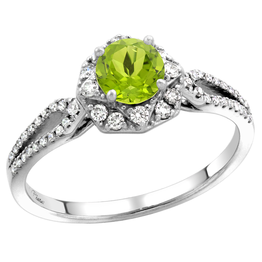 14k White Gold Diamond Halo Genuine Peridot Engagement Ring Split Shank Round Brilliant cut 5mm, size5-10