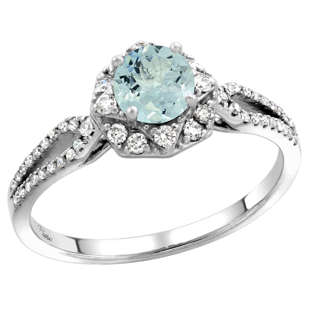14k White Gold Diamond Halo Aquamarine Engagement Ring Split Shank Round Brilliant cut 5mm, size 5-10