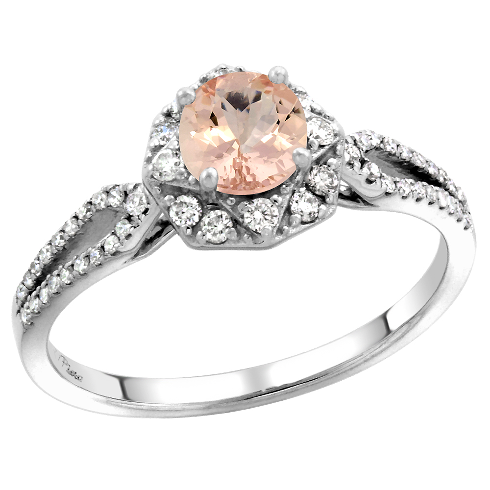 14k White Gold Diamond Halo Morganite Engagement Ring Split Shank Round Brilliant cut 5mm, size 5-10