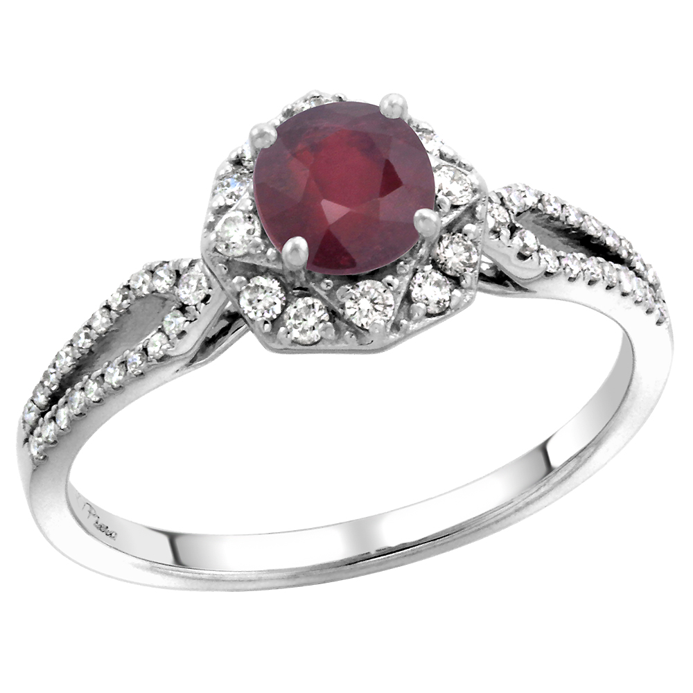 14k White Gold Diamond Halo Enhanced Genuine Ruby Engagement Ring Round Brilliant cut 5mm, size 5-10