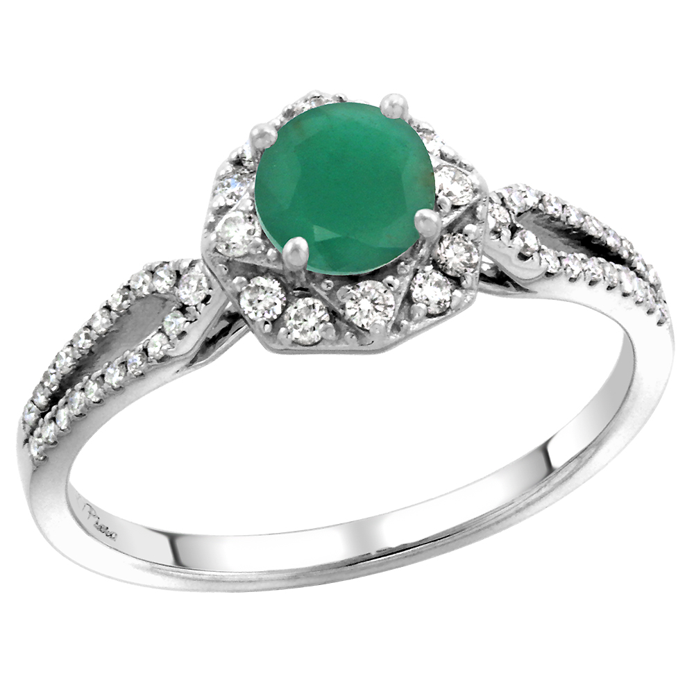 14k White Gold Diamond Halo Genuine Emerald Engagement Ring Round Brilliant cut 5mm, size 5-10