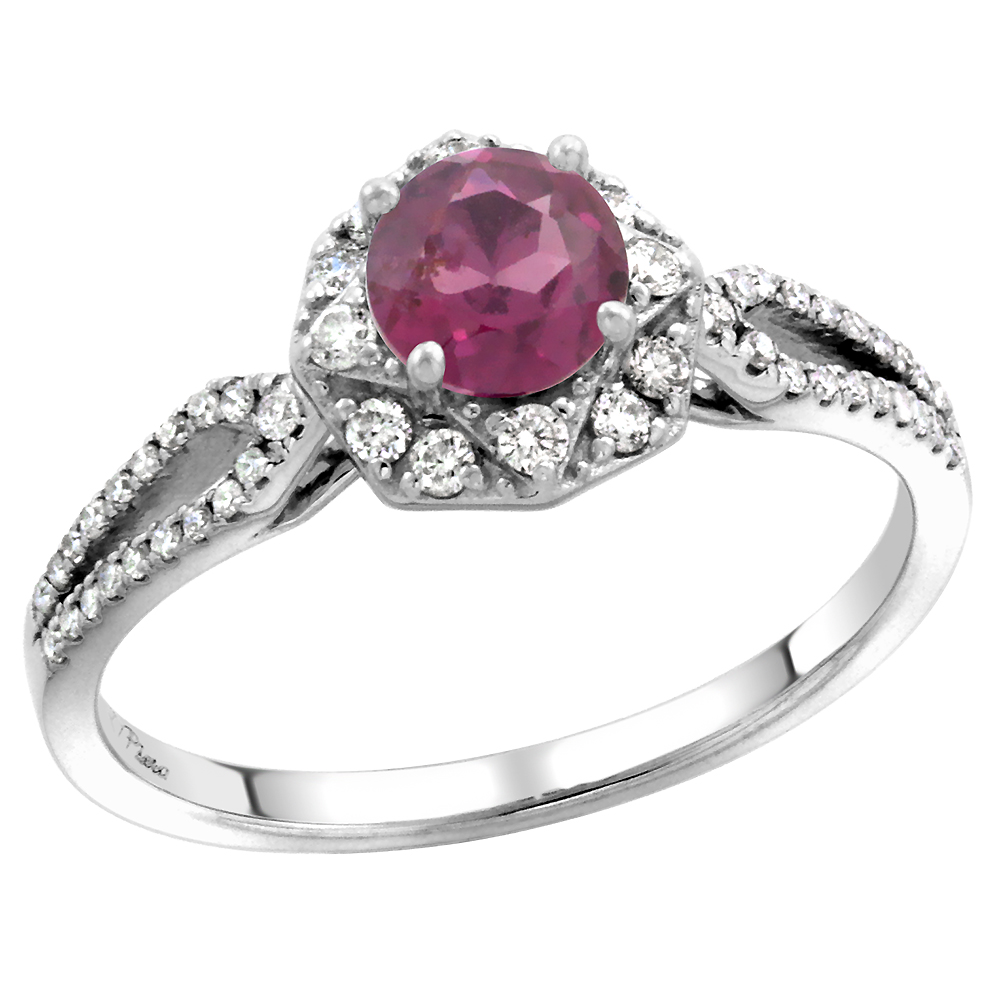 14k White Gold Diamond Halo Genuine Rhodolite Garnet Engagement Ring Round Brilliant cut 5mm, size 5-10
