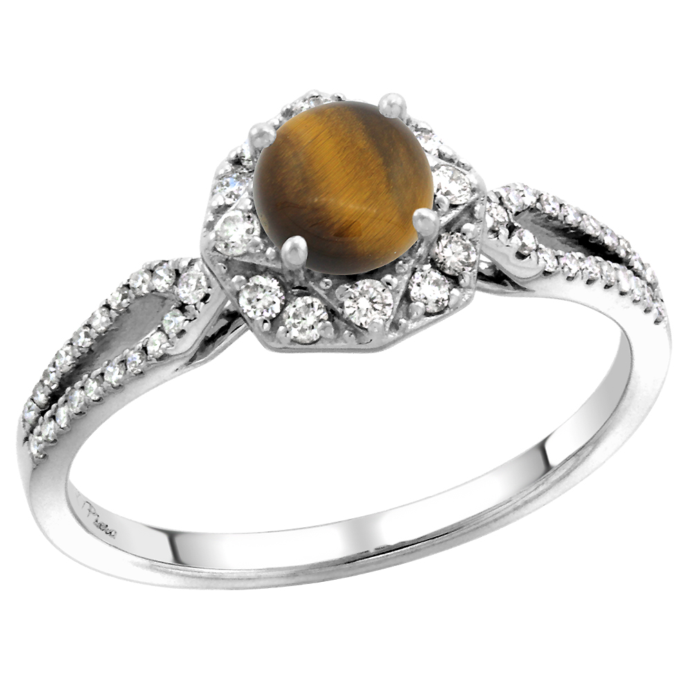 14k White Gold Diamond Halo Genuine Tiger Eye Engagement Ring Round Brilliant cut 5mm, size 5-10