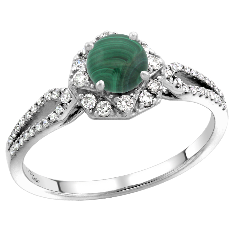 14k White Gold Diamond Halo Genuine Malachite Engagement Ring Round Brilliant cut 5mm, size 5-10