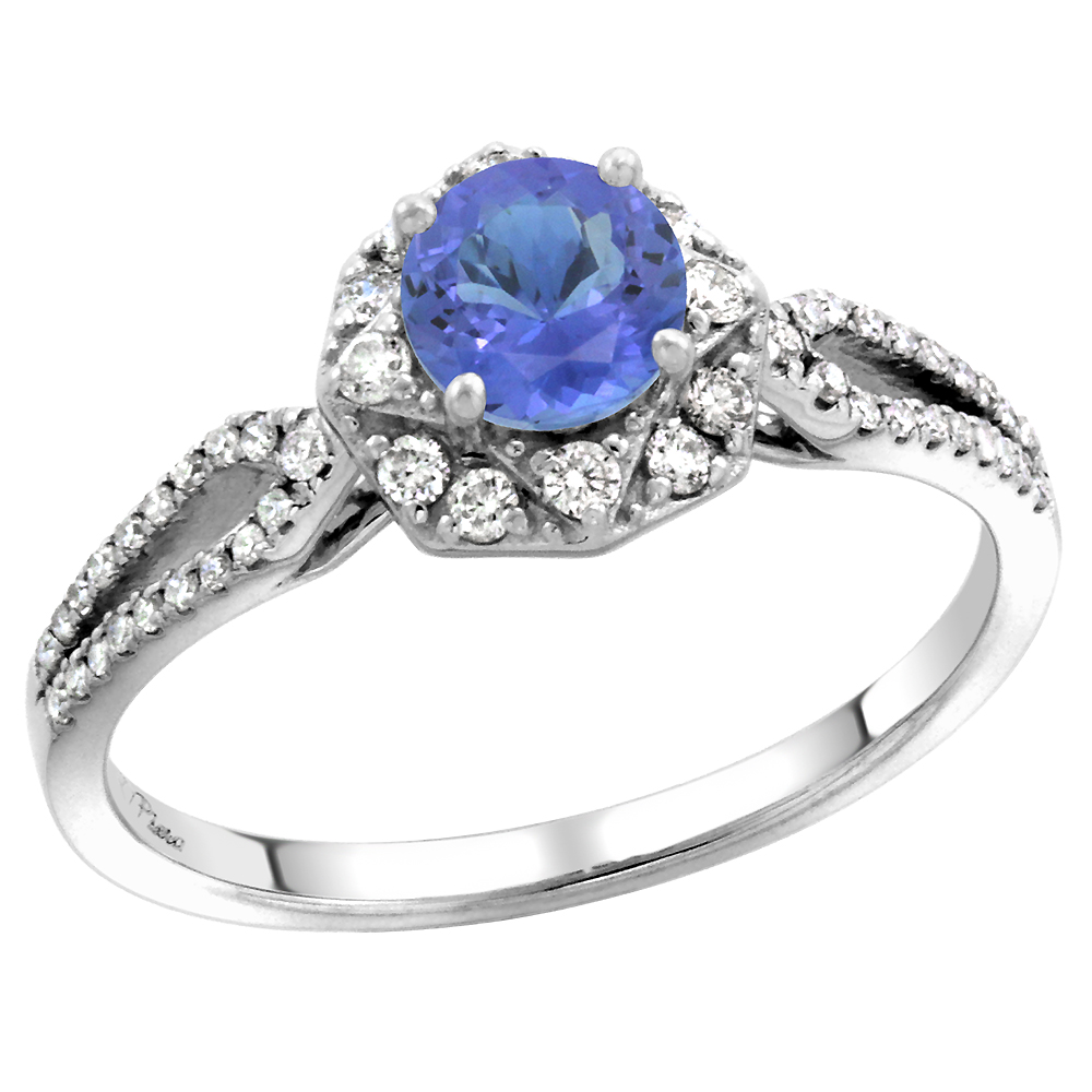 14k White Gold Diamond Halo Tanzanite Engagement Ring Split Shank Round Brilliant cut 5mm, size 5-10