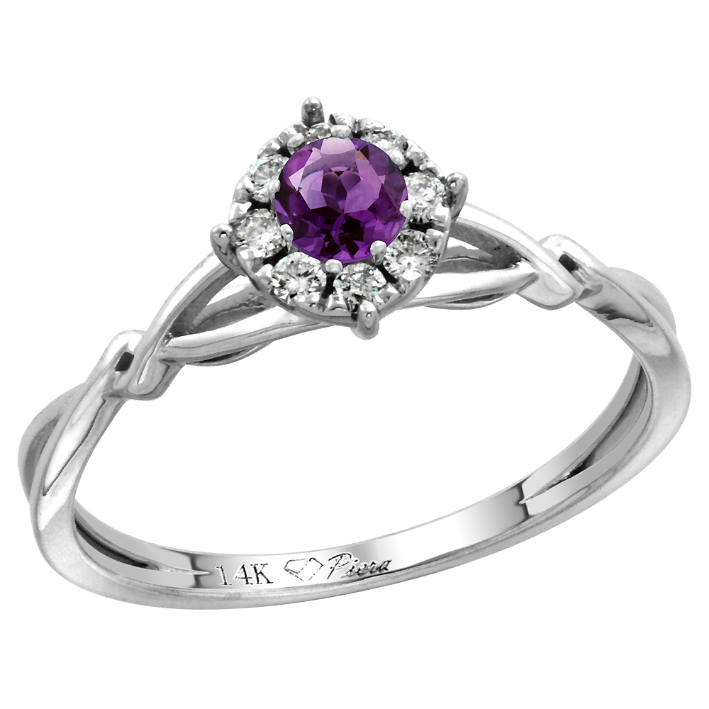 14k White Gold Diamond Halo Genuine Amethyst Engagement Ring Round Brilliant cut 4mm, size 5-10
