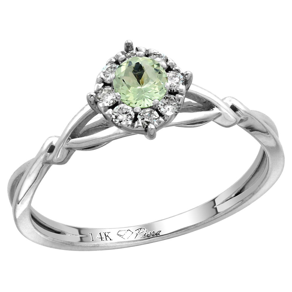 14k White Gold Diamond Halo Genuine Green Amethyst Engagement Ring Round Brilliant cut 4mm, size 5-10