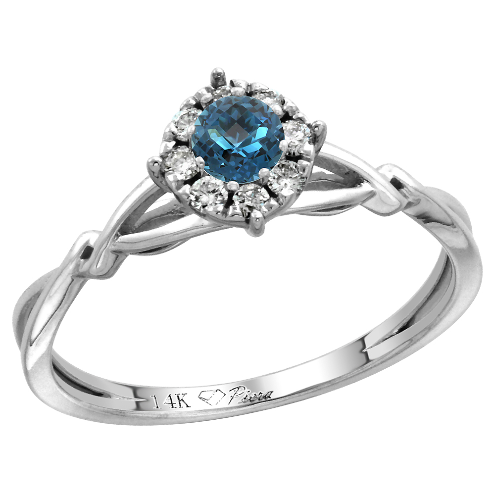 14k White Gold Diamond Halo Genuine London Blue Topaz Engagement Ring Round Brilliant cut 4mm, size 5-10