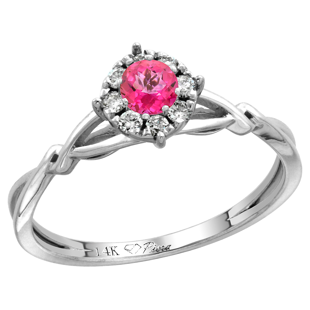 14k White Gold Diamond Halo Genuine Pink Topaz Engagement Ring Round Brilliant cut 4mm, size 5-10