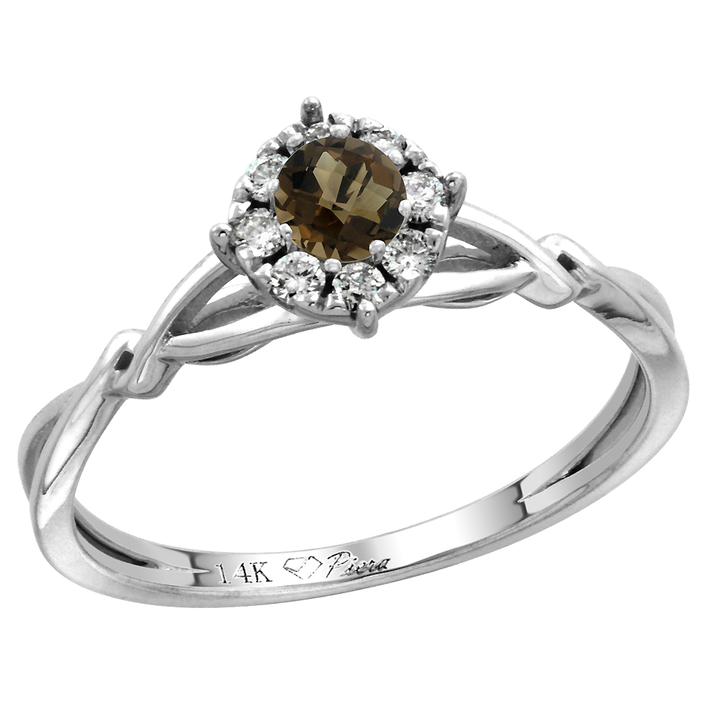 14k White Gold Diamond Halo Genuine Smoky Topaz Engagement Ring Round Brilliant cut 4mm, size 5-10