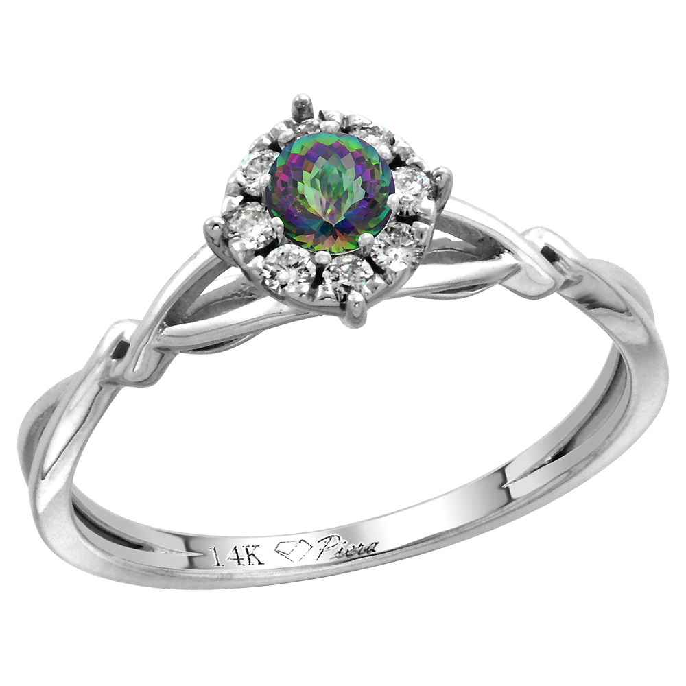 14k White Gold Diamond Halo Genuine Mystic Topaz Engagement Ring Round Brilliant cut 4mm, size 5-10