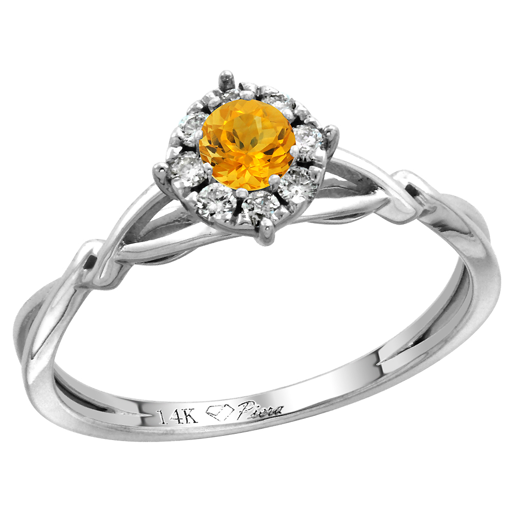 14k White Gold Diamond Halo Genuine Citrine Engagement Ring Round Brilliant cut 4mm, size 5-10