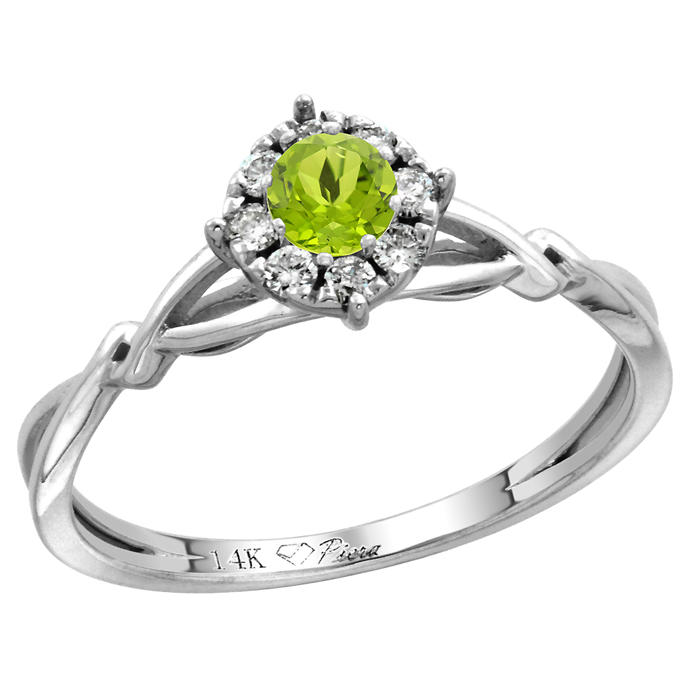 14k White Gold Diamond Halo Genuine Peridot Engagement Ring Round Brilliant cut 4mm, size 5-10