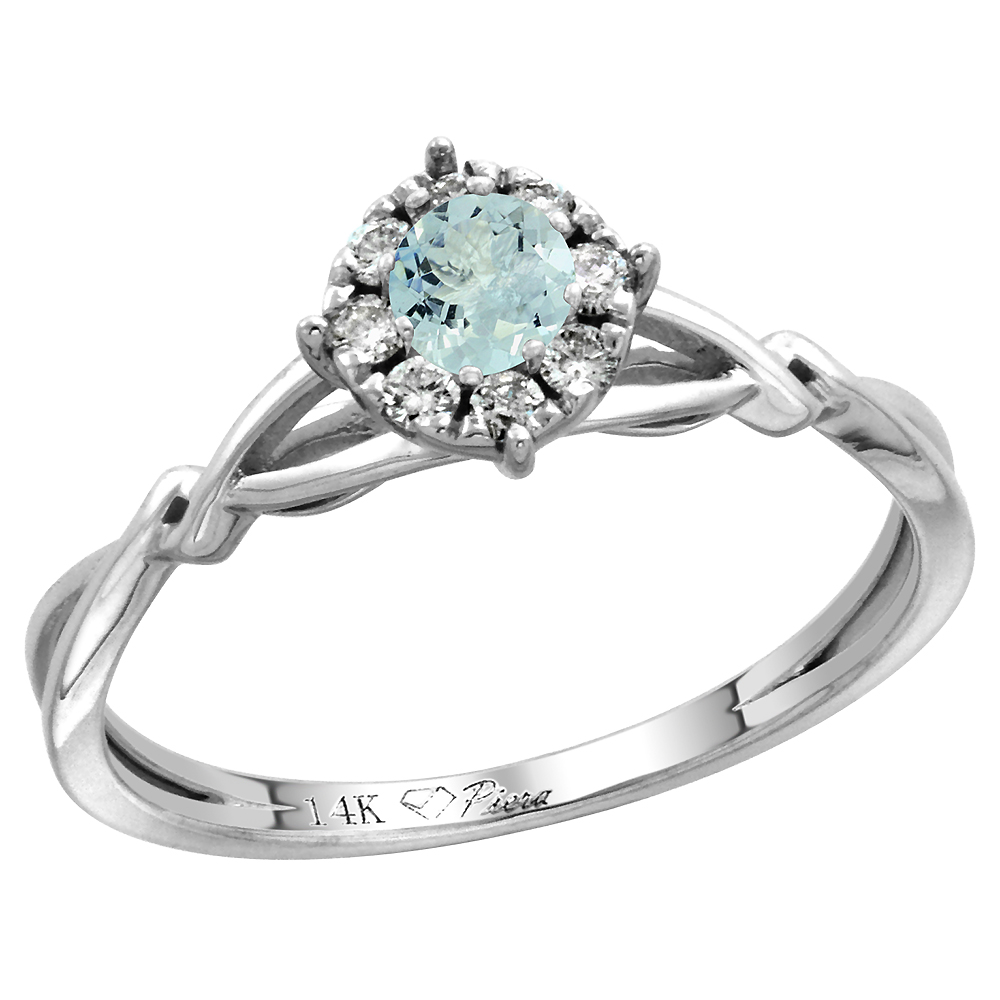 14k White Gold Diamond Halo Genuine Aquamarine Engagement Ring Round Brilliant cut 4mm, size 5-10