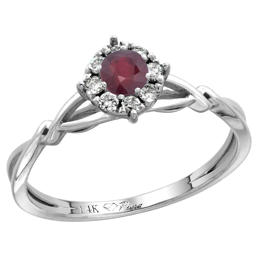 14k White Gold Diamond Halo Enhanced Genuine Ruby Engagement Ring Round Brilliant cut 4mm, size 5-10