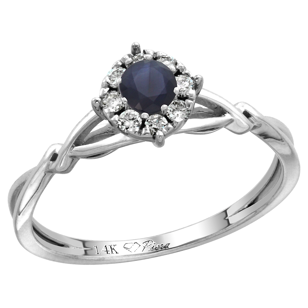 14k White Gold Diamond Halo Genuine Blue Sapphire Engagement Ring Round Brilliant cut 4mm, size 5-10