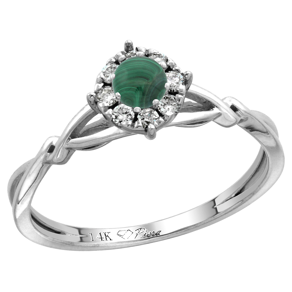 14k White Gold Diamond Halo Genuine Malachite Engagement Ring Round Brilliant cut 4mm, size 5-10