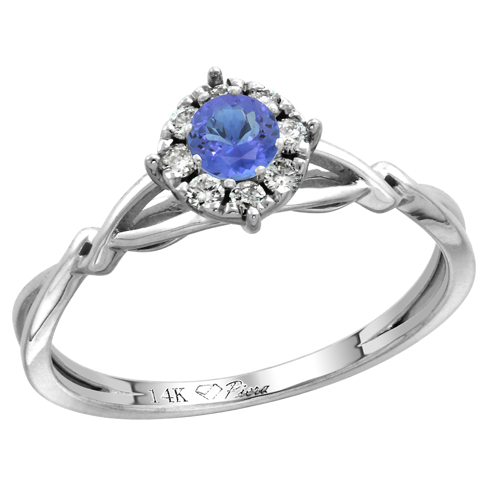 14k White Gold Diamond Halo Genuine Tanzanite Engagement Ring Round Brilliant cut 4mm, size 5-10