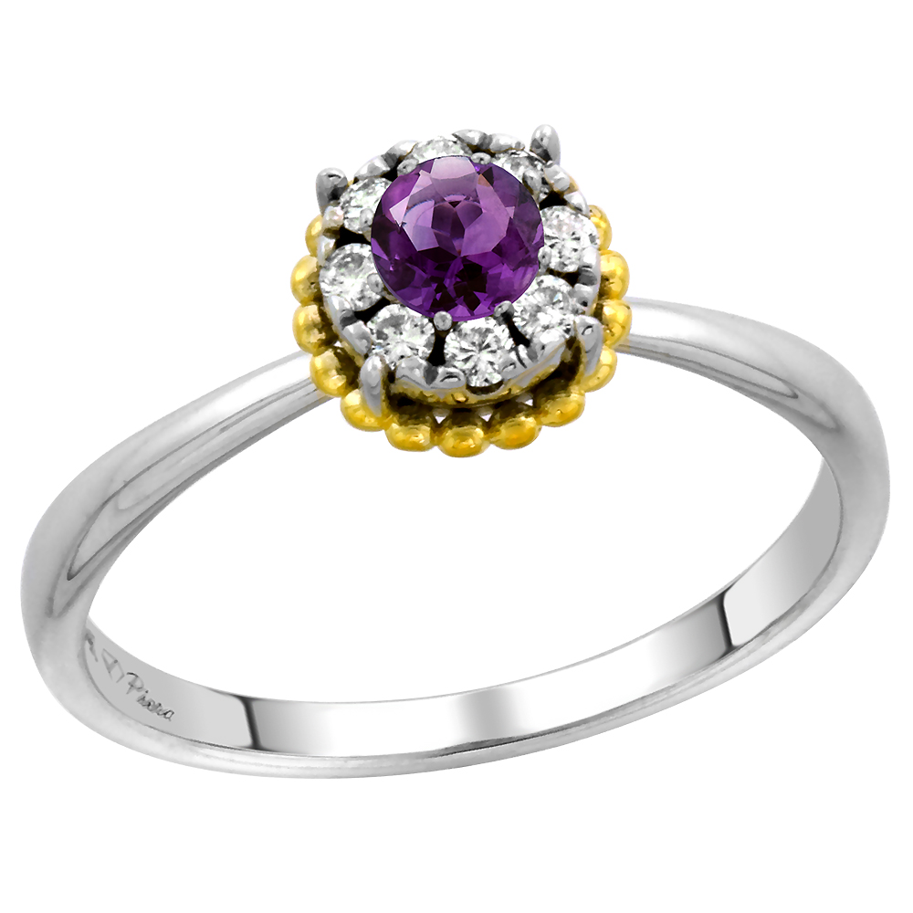 14k White Gold Diamond Halo Genuine Amethyst Solitaire Engagement Ring Round Brilliant cut 4mm, size 5-10