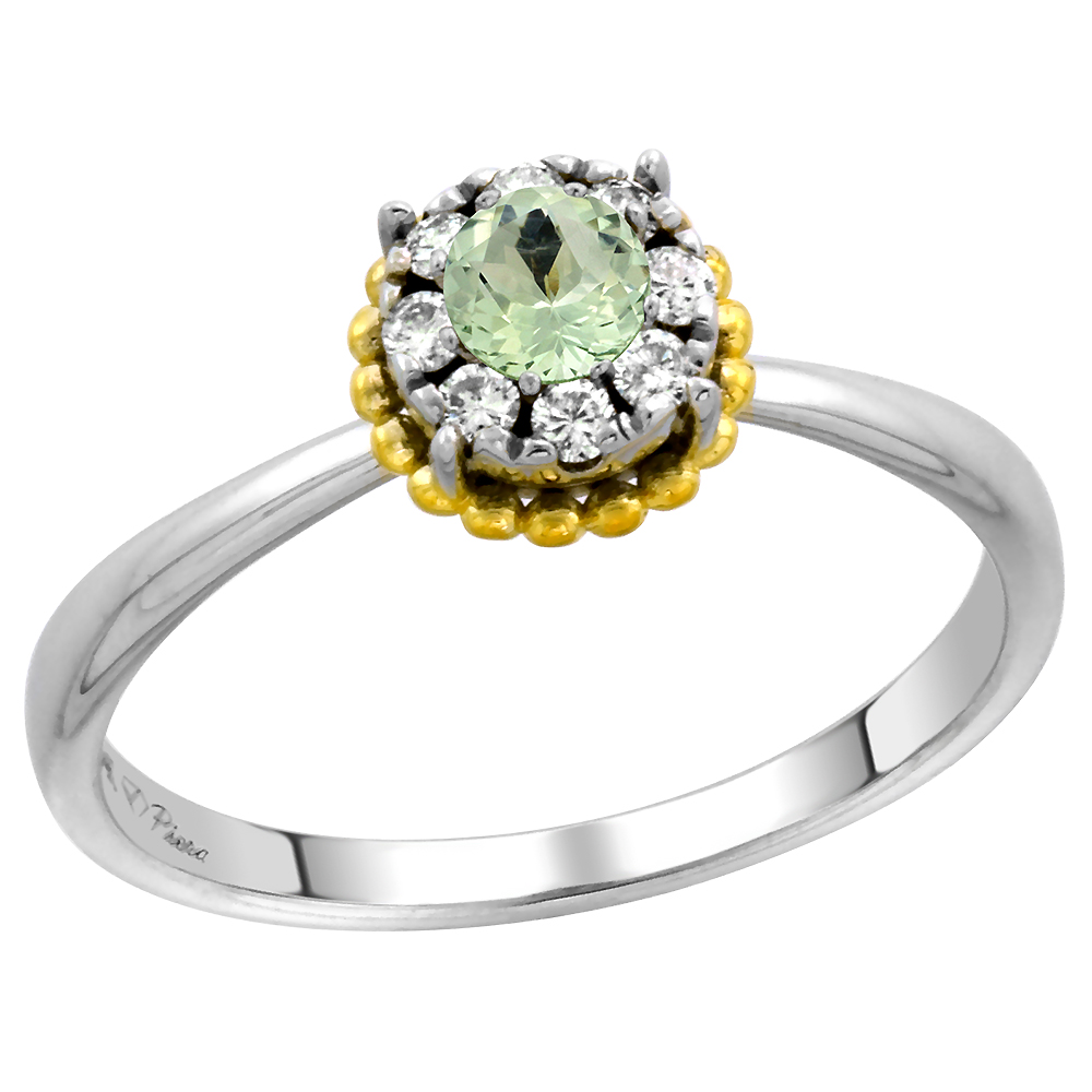 14k White Gold Diamond Halo Green Amethyst Solitaire Engagement Ring Round Brilliant cut 4mm, size 5-10
