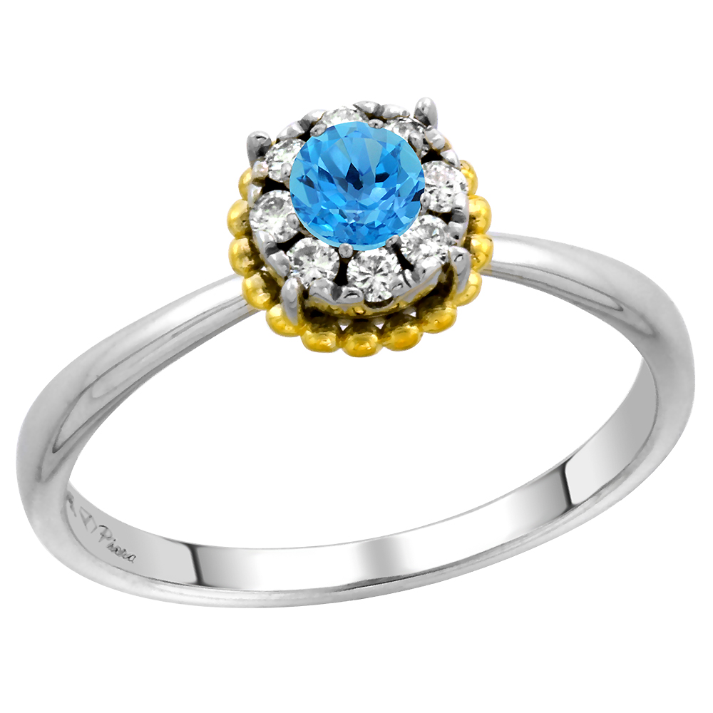 14k White Gold Diamond Halo Swiss Blue Topaz Solitaire Engagement Ring Round Brilliant cut 4mm, size 5-10