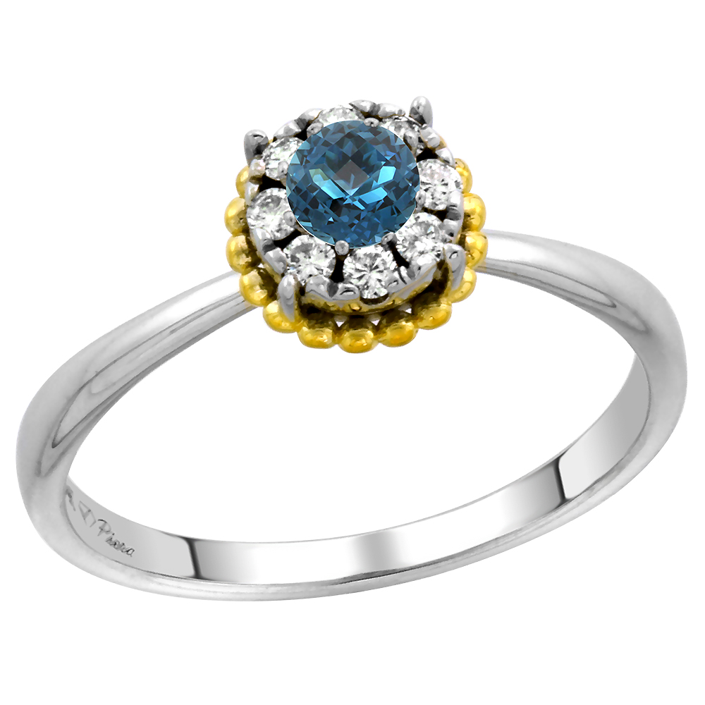 14k White Gold Diamond Halo London Blue Topaz Solitaire Engagement Ring Round Brilliant cut 4mm,size 5-10