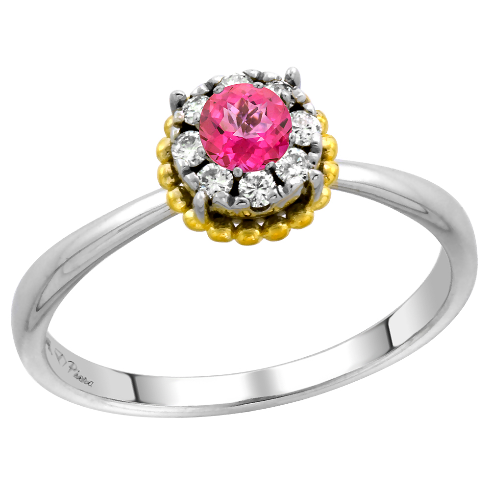 14k White Gold Diamond Halo Genuine Pink Topaz Solitaire Engagement Ring Round Brilliant cut 4mm,size5-10