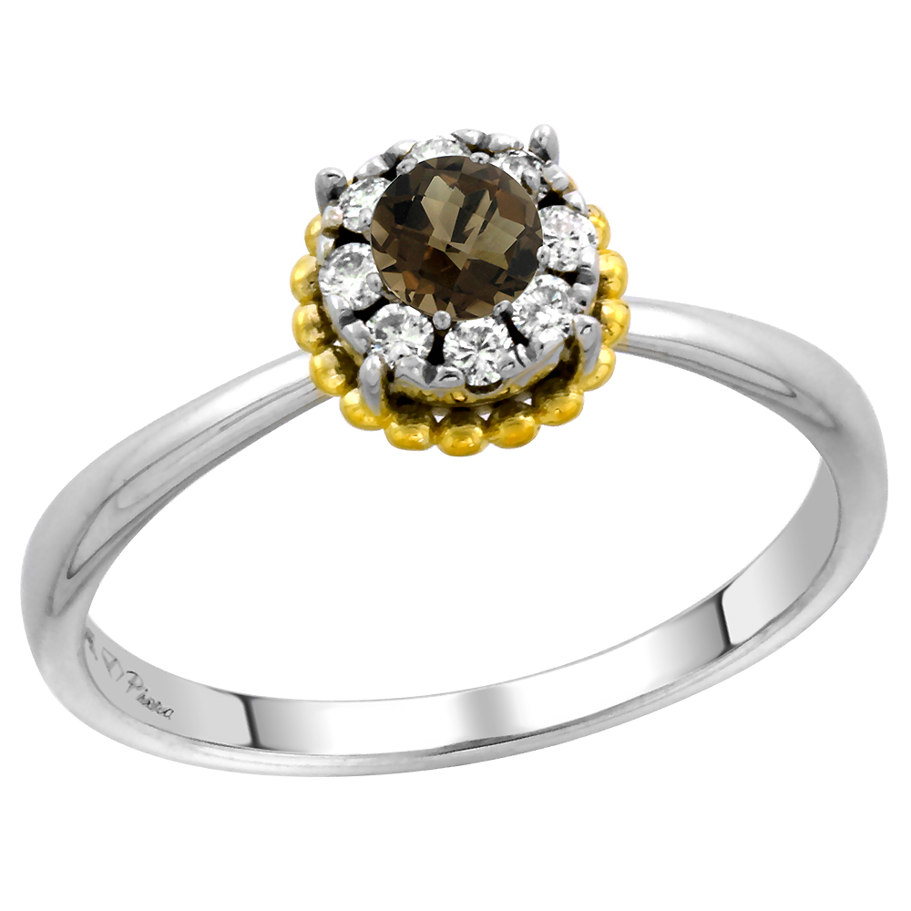14k White Gold Diamond Halo Smoky Topaz Solitaire Engagement Ring Round Brilliant cut 4mm, size 5-10