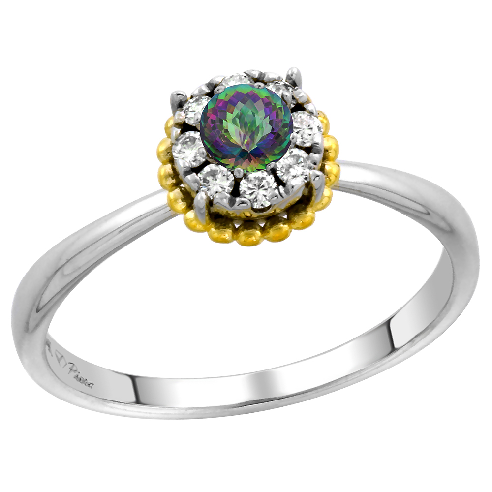 14k White Gold Diamond Halo Mystic Topaz Solitaire Engagement Ring Round Brilliant cut 4mm, size 5-10