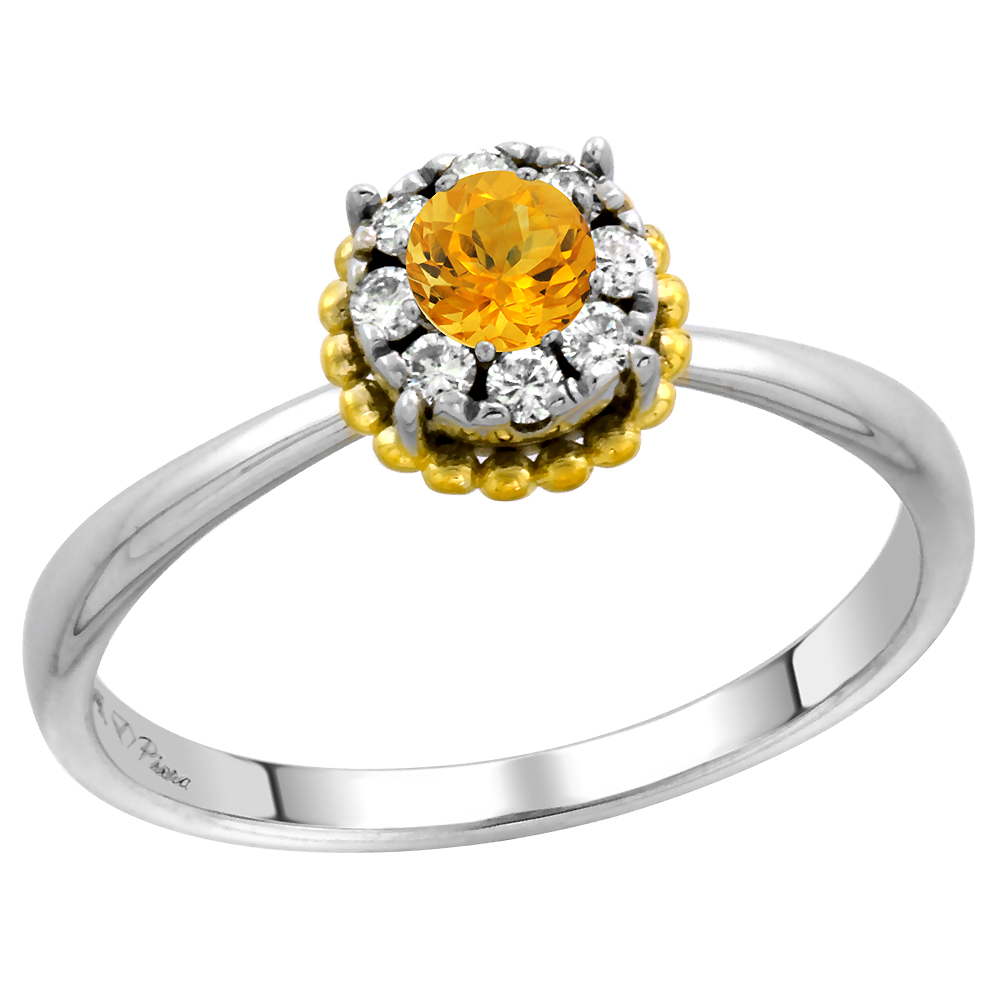 14k White Gold Diamond Halo Genuine Citrine Solitaire Engagement Ring Round Brilliant cut 4mm, size 5-10