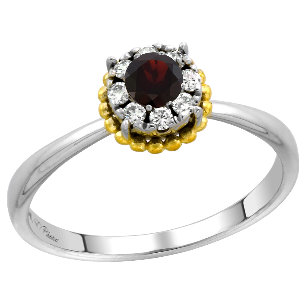 14k White Gold Diamond Halo Genuine Garnet Solitaire Engagement Ring Round Brilliant cut 4mm, size 5-10