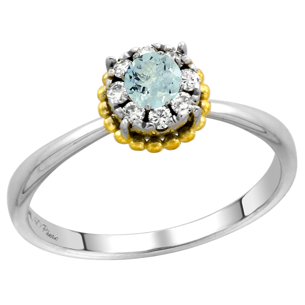 14k White Gold Diamond Halo Genuine Aquamarine Solitaire Engagement Ring Round Brilliant cut 4mm,size5-10