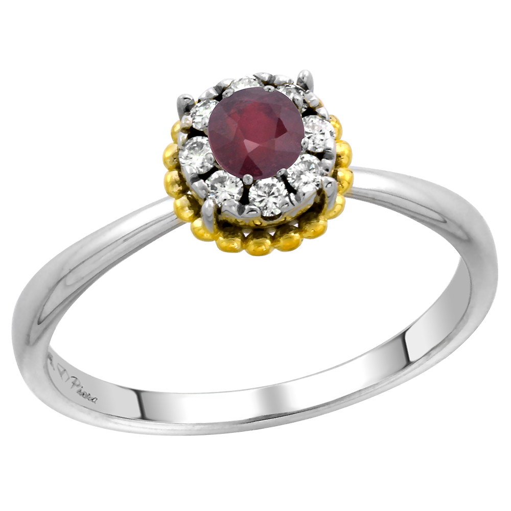 14k White Gold Diamond Halo Enhanced Genuine Ruby Solitaire Engagement Ring Round 4mm, size 5-10