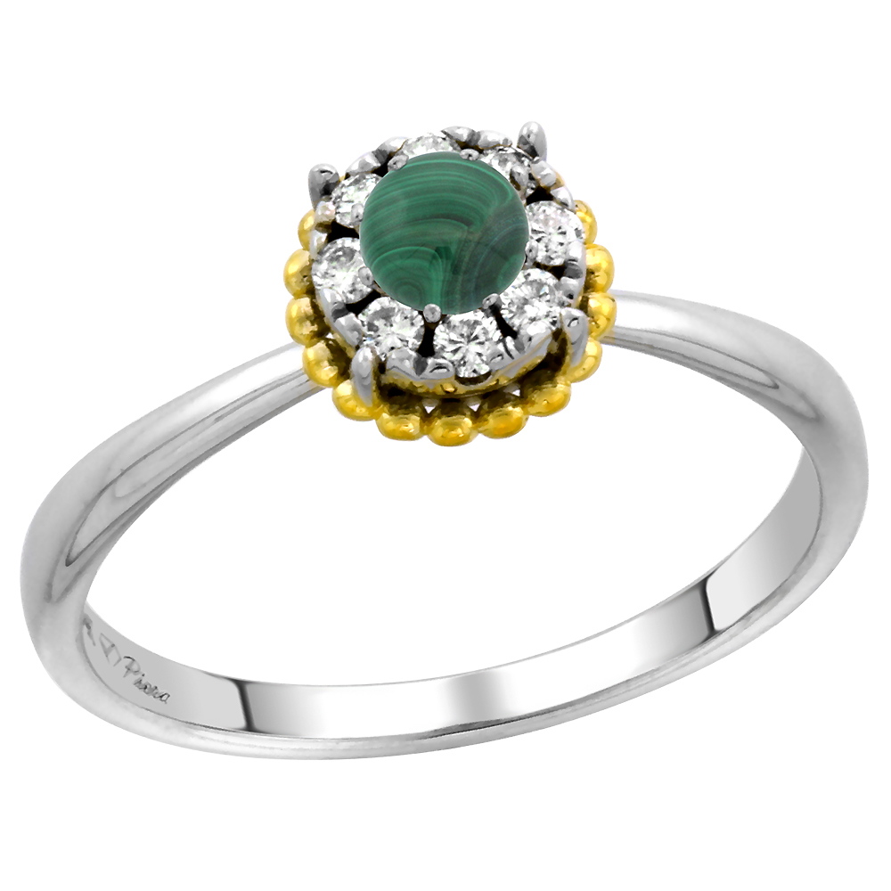 14k White Gold Diamond Halo Genuine Malachite Solitaire Engagement Ring Round Brilliant cut 4mm,size 5-10