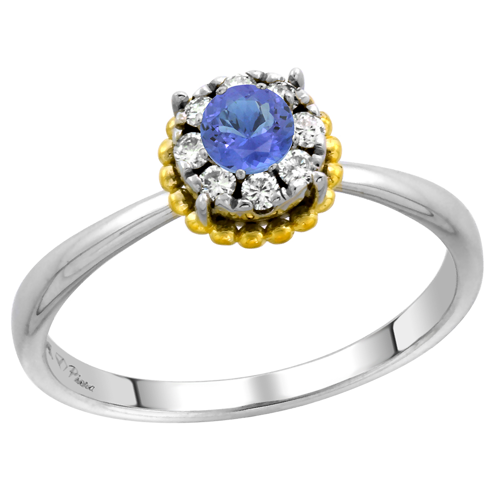 14k White Gold Diamond Halo Genuine Tanzanite Solitaire Engagement Ring Round Brilliant cut 4mm,size 5-10