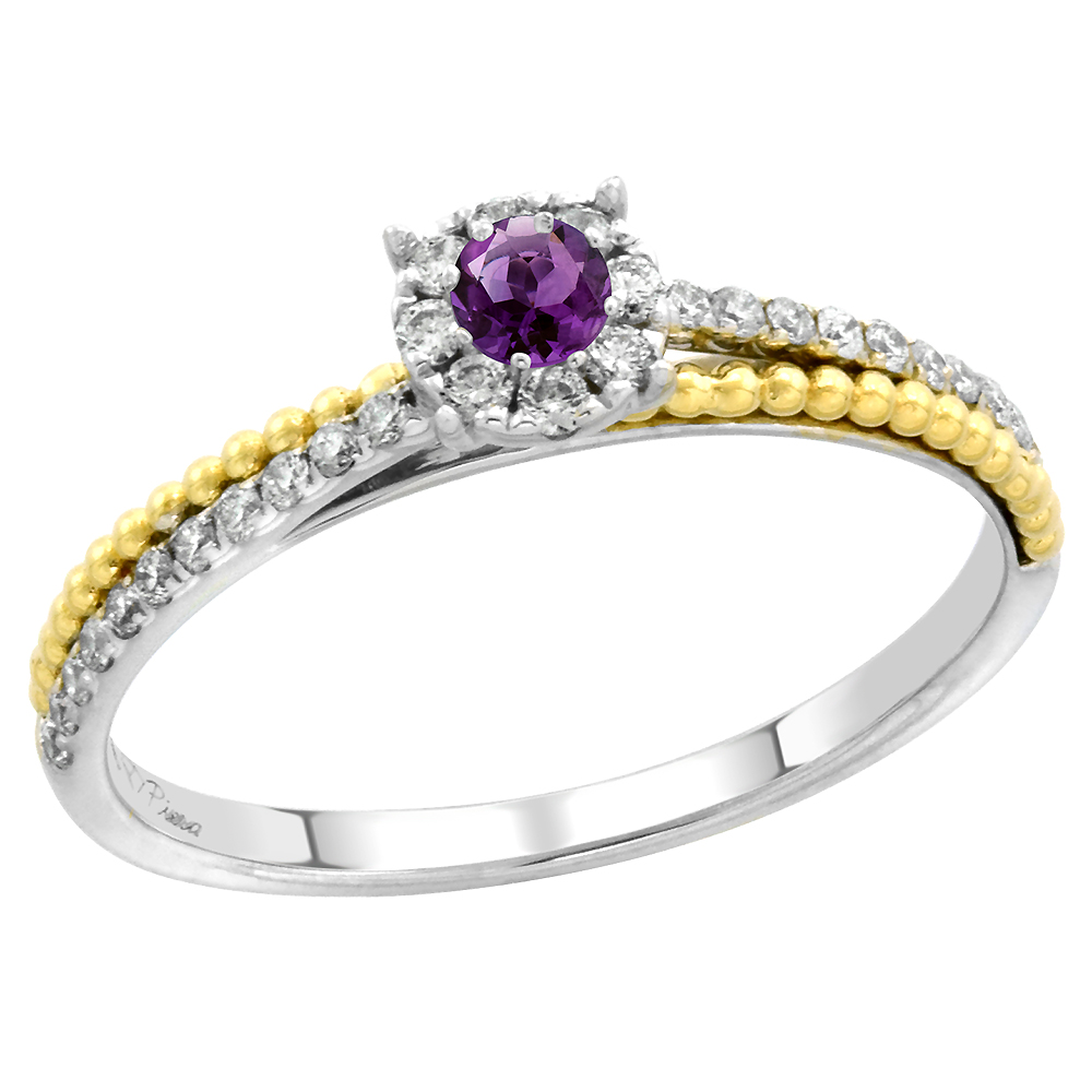 14k White Gold Diamond Halo Genuine Amethyst Solitaire Engagement Ring Round Brilliant cut 3mm, size 5-10