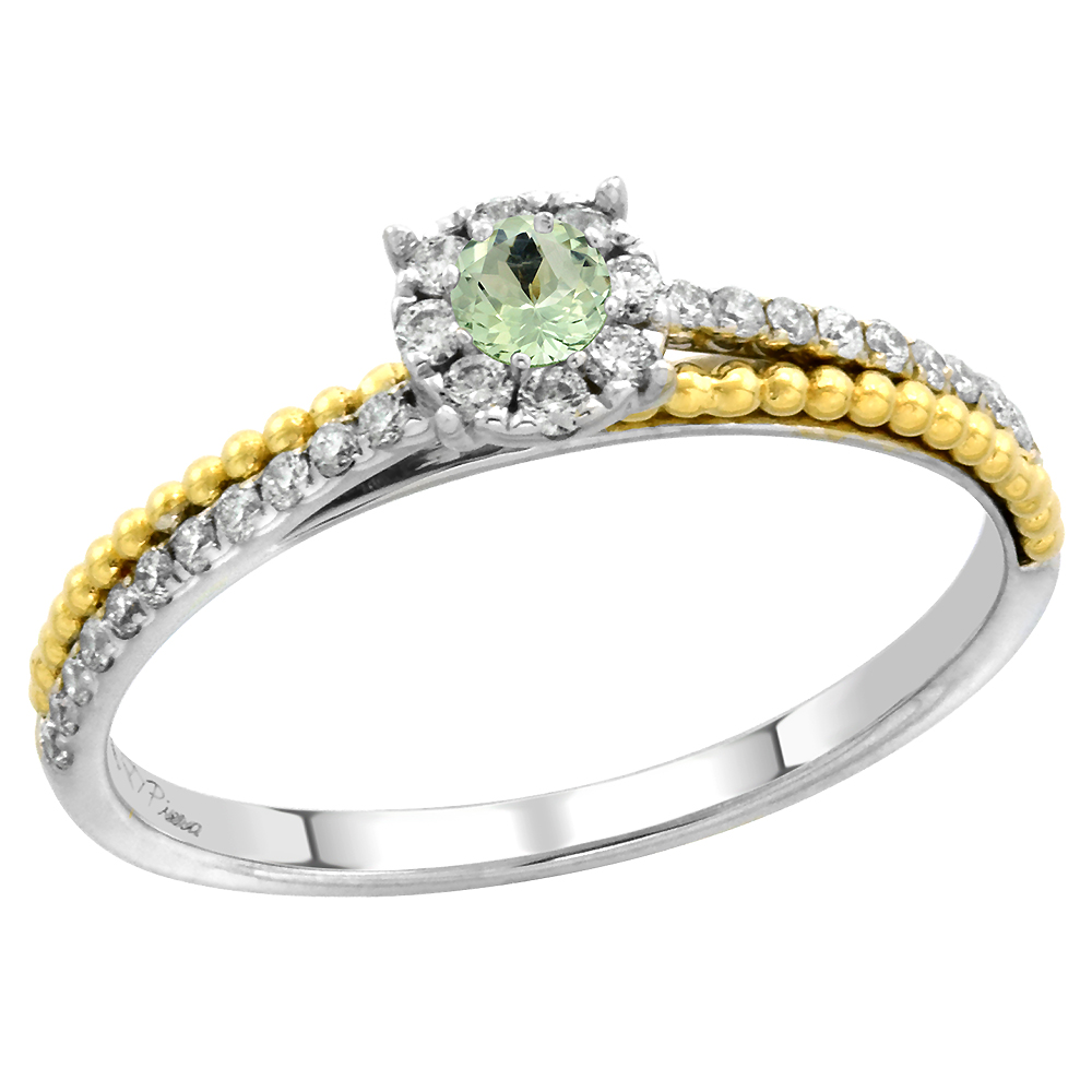 14k White Gold Diamond Halo Green Amethyst Solitaire Engagement Ring Round Brilliant cut 3mm, size 5-10
