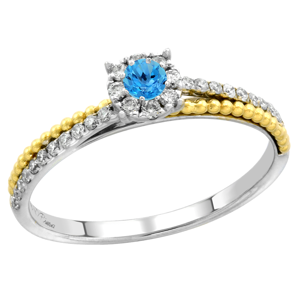 14k White Gold Diamond Halo Swiss Blue Topaz Solitaire Engagement Ring Round Brilliant cut 3mm, size 5-10