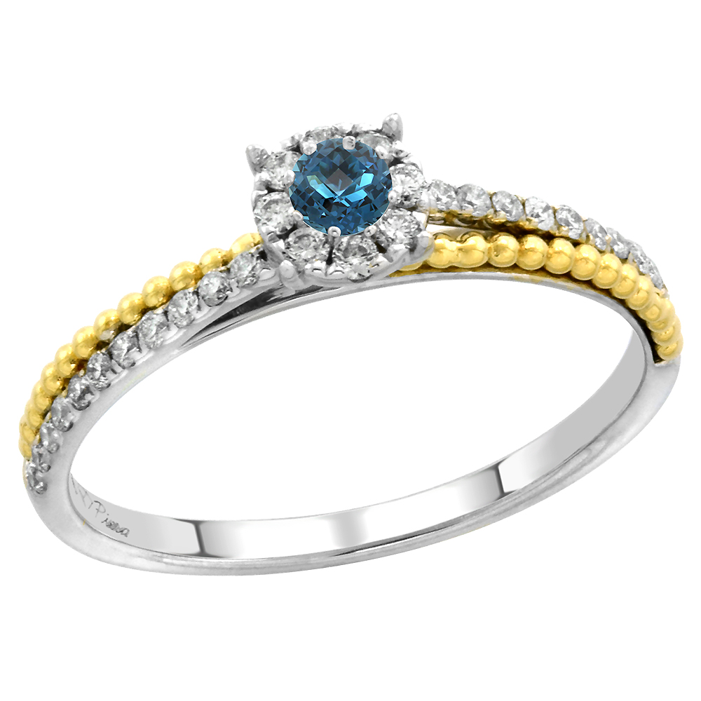 14k White Gold Diamond Halo London Blue Topaz Solitaire Engagement Ring Round Brilliant cut 3mm,size 5-10