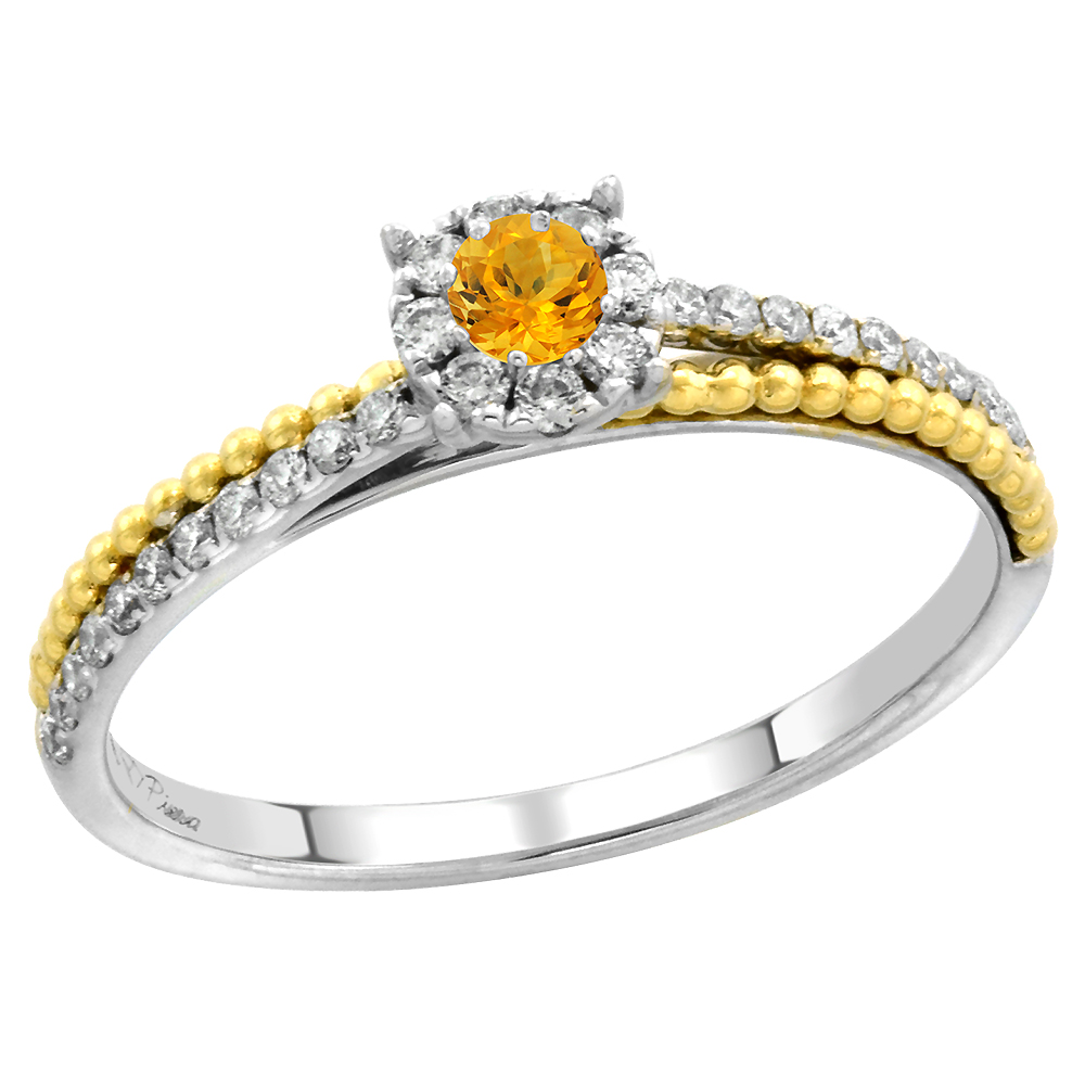 14k White Gold Diamond Halo Genuine Citrine Solitaire Engagement Ring Round Brilliant cut 3mm, size 5-10
