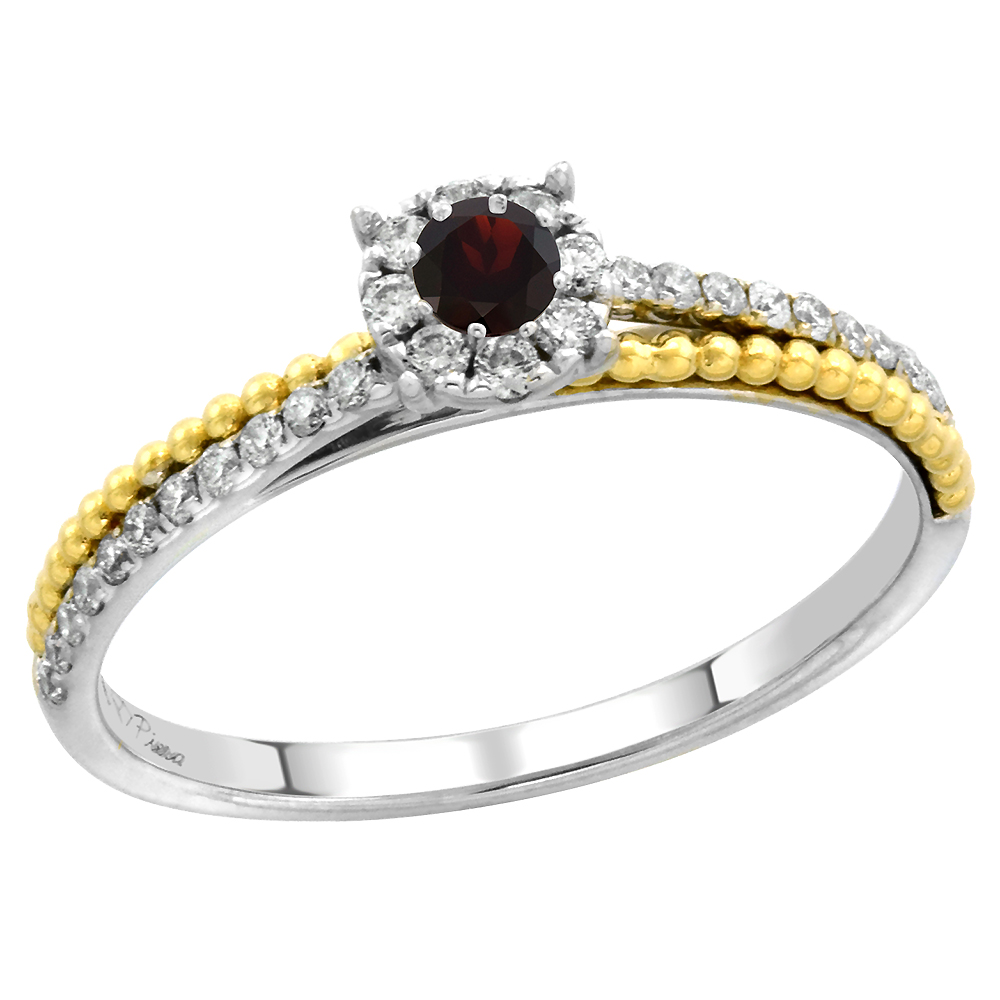 14k White Gold Diamond Halo Genuine Garnet Solitaire Engagement Ring Round Brilliant cut 3mm, size 5-10