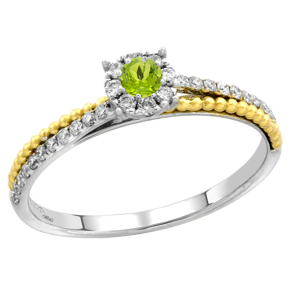 14k White Gold Diamond Halo Genuine Peridot Solitaire Engagement Ring Round Brilliant cut 3mm, size 5-10