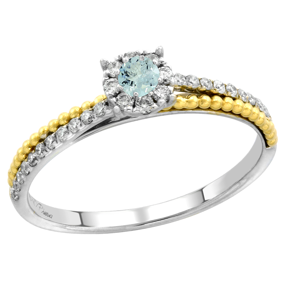 14k White Gold Diamond Halo Genuine Aquamarine Solitaire Engagement Ring Round Brilliant cut 3mm,size5-10