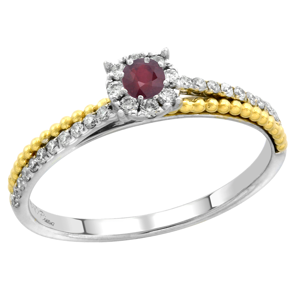 14k White Gold Diamond Halo Enhanced Genuine Ruby Solitaire Engagement Ring Round 3mm, size 5-10