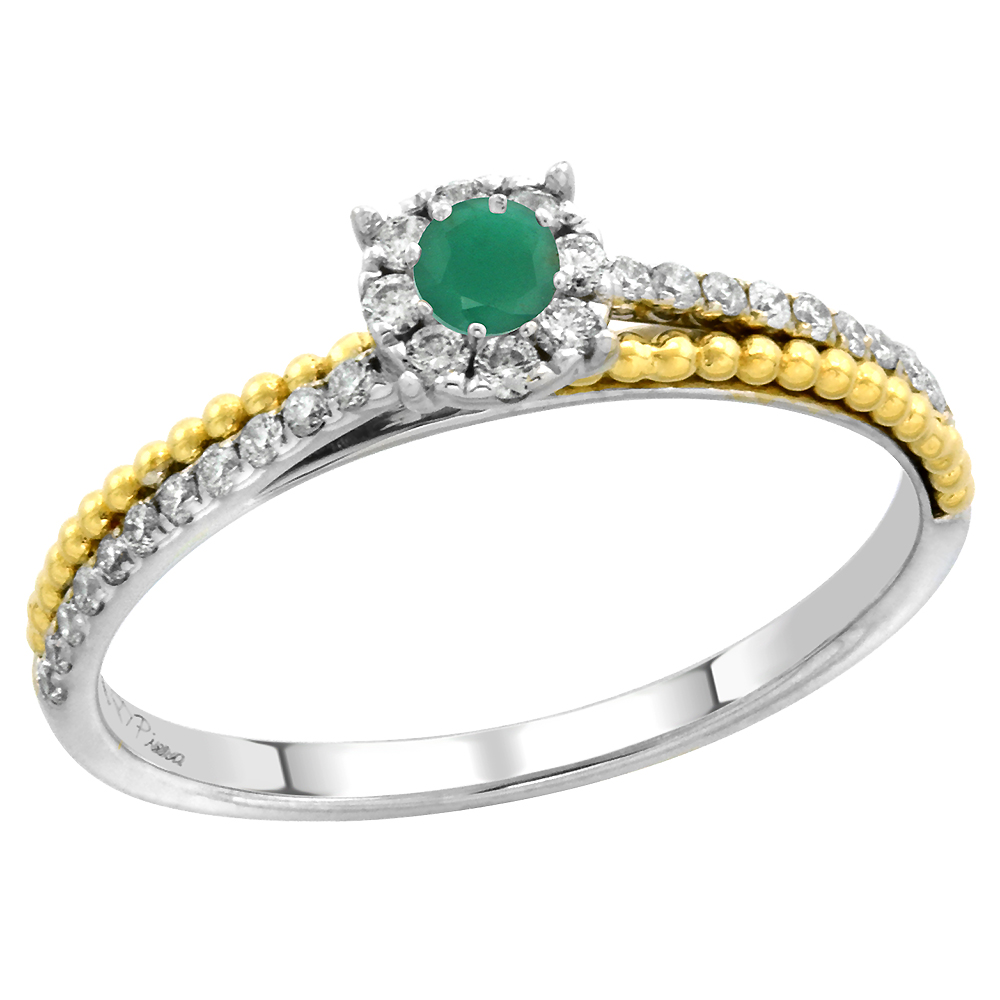 14k White Gold Diamond Halo Genuine Emerald Solitaire Engagement Ring Round Brilliant cut 3mm, size 5-10