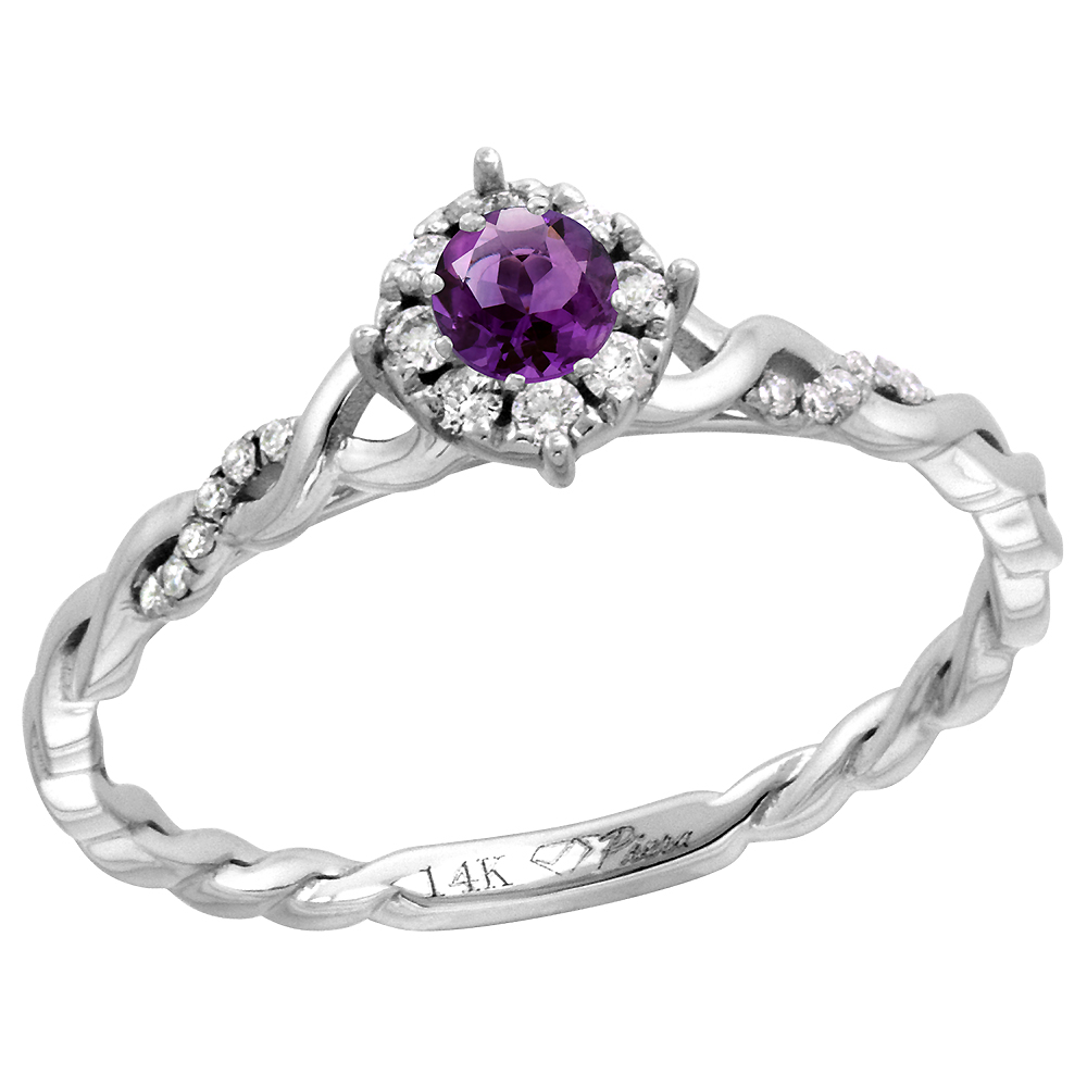 14k White Gold Diamond Halo Genuine Amethyst Solitaire Engagement Ring Round Brilliant cut 4mm, size 5-10