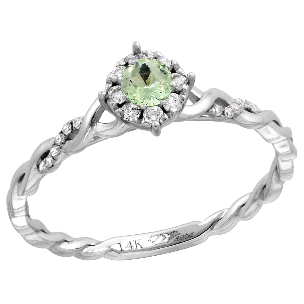 14k White Gold Diamond Halo Green Amethyst Solitaire Engagement Ring Round Brilliant cut 4mm, size 5-10