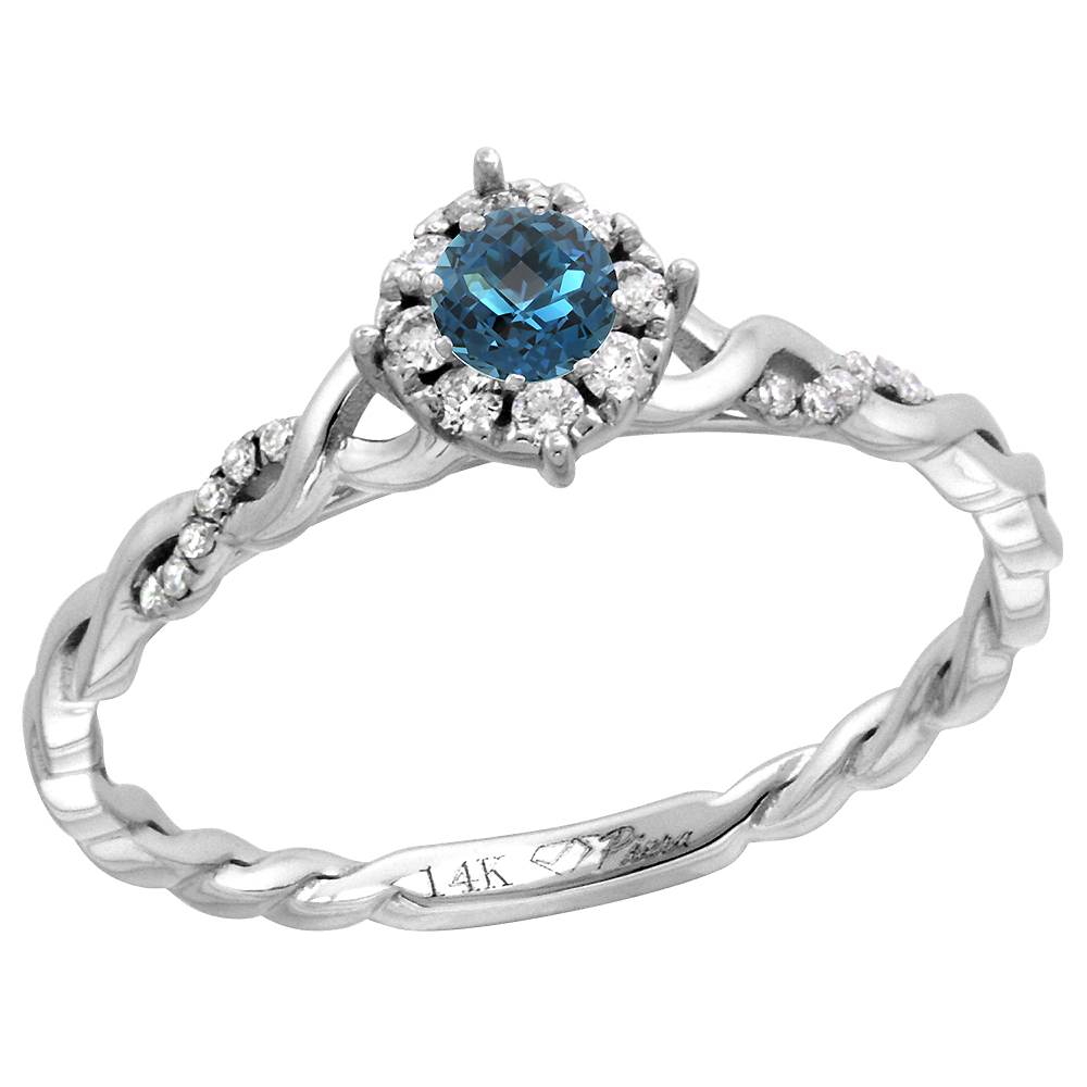 14k White Gold Diamond Halo London Blue Topaz Solitaire Engagement Ring Round Brilliant cut 4mm,size 5-10