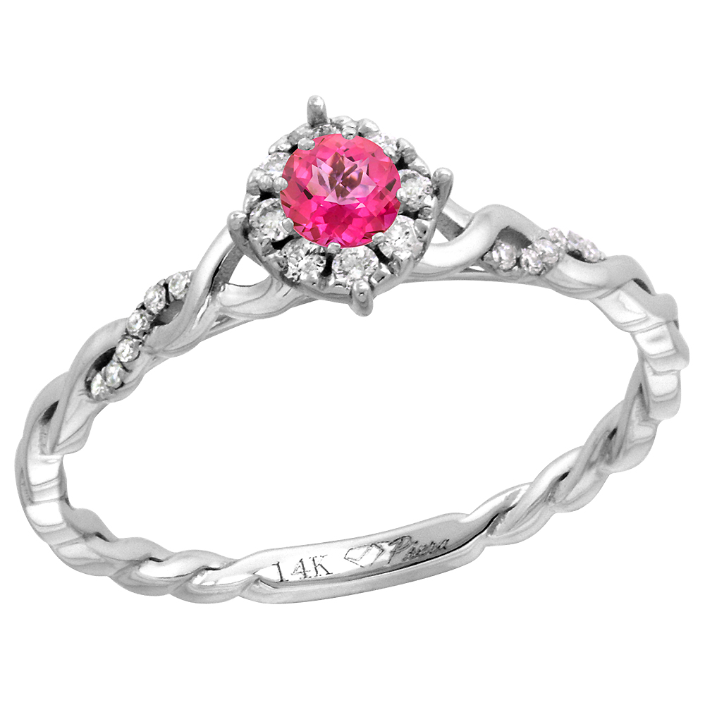 14k White Gold Diamond Halo Genuine Pink Topaz Solitaire Engagement Ring Round Brilliant cut 4mm,size5-10