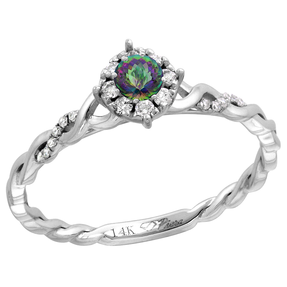 14k White Gold Diamond Halo Mystic Topaz Solitaire Engagement Ring Round Brilliant cut 4mm, size 5-10